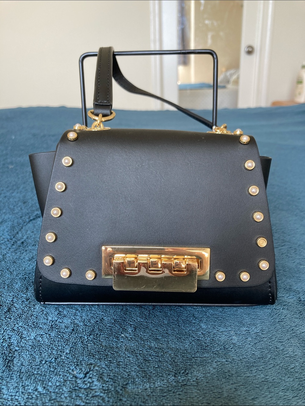 Zac Posen Black mini Eartha Crossbody Bag with pearls and Gold Hardware